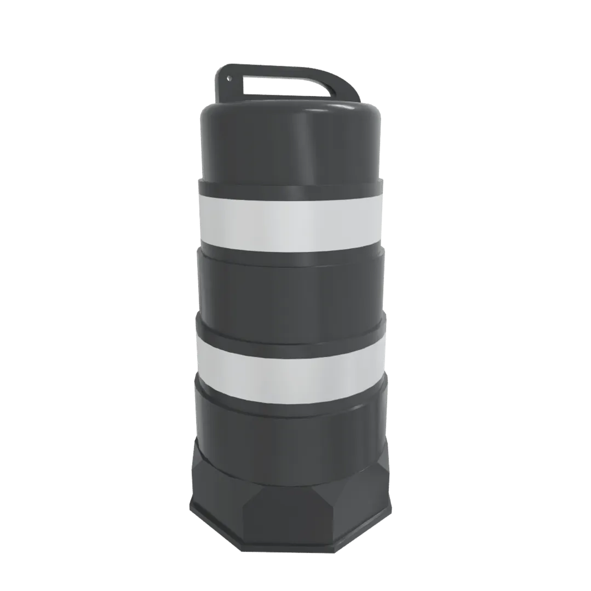 Render de un trafitambo negro con dos bandas reflejantes blancas, asa superior y parte inferior octagonal