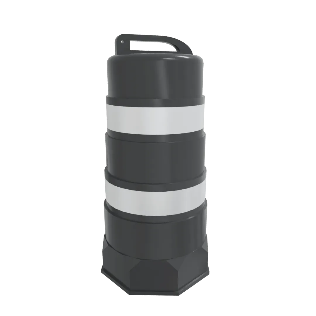 Render de un trafitambo negro con dos bandas reflejantes blancas, asa superior y parte inferior octagonal
