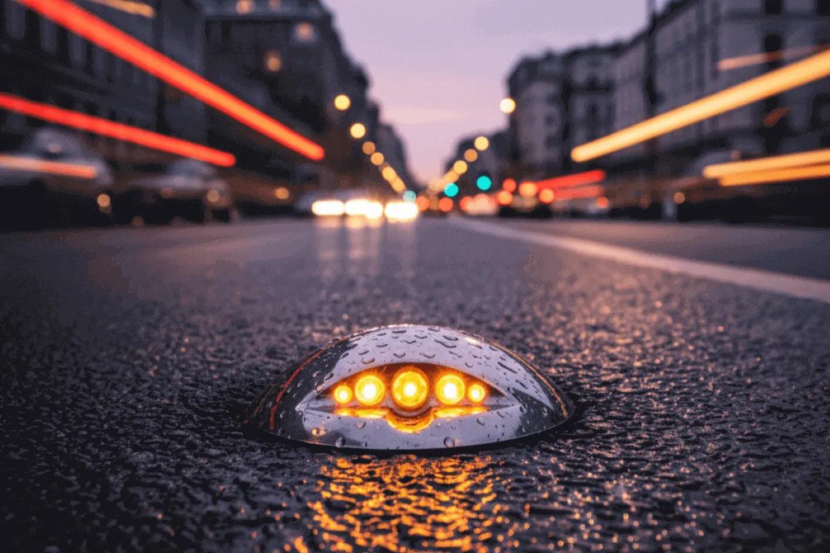 Botón vial metálico con luces led ámbar empotrado en el asfalto mojado de una calle de noche