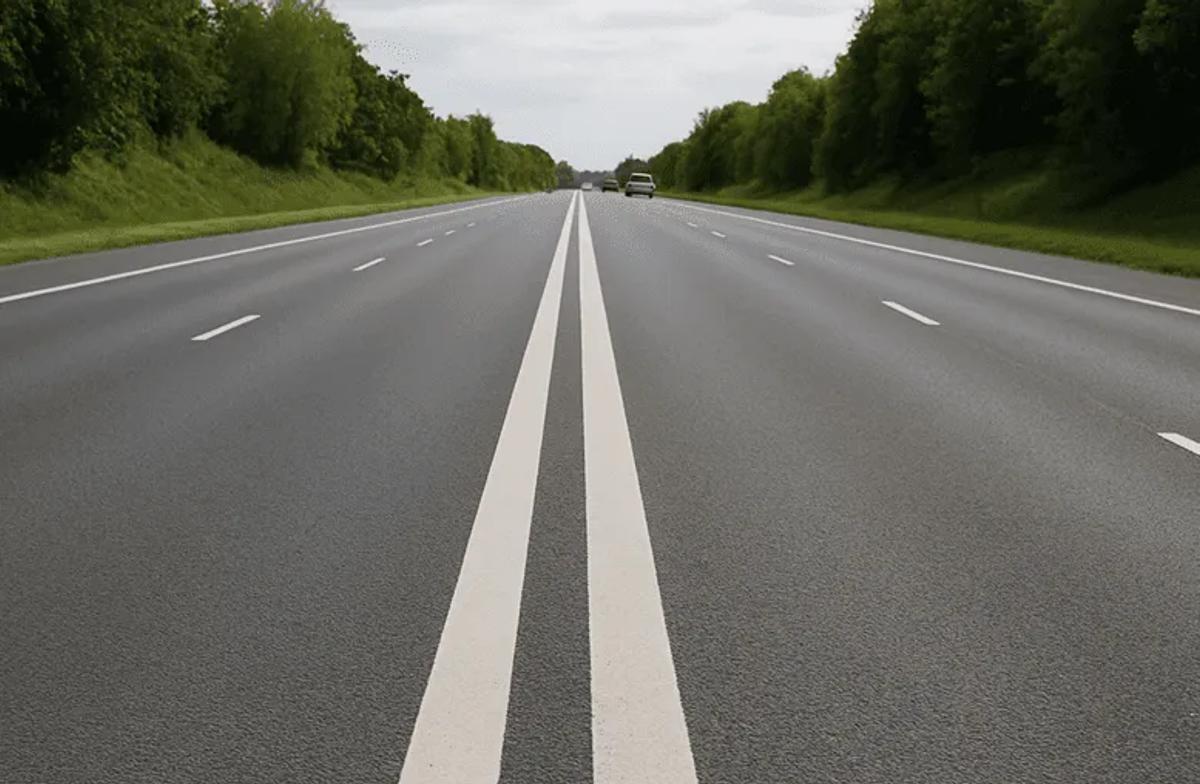 Carretera recta y sin curvas con doble línea blanca central entre árboles, ejemplo de trazado monótono