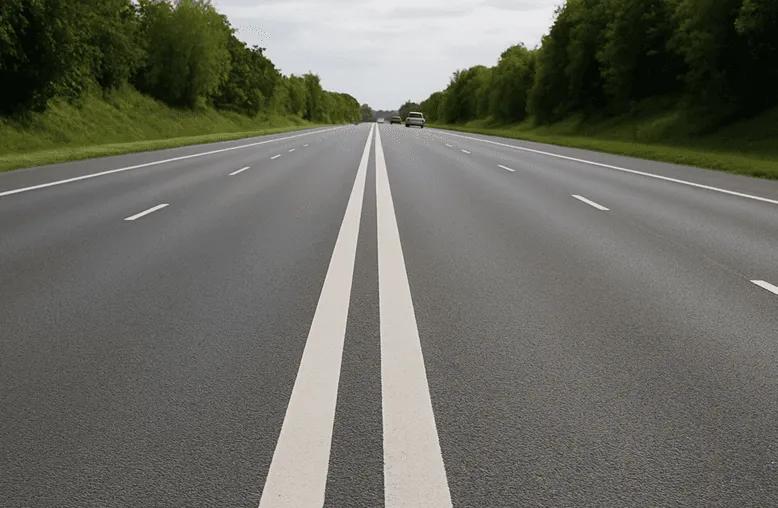 Carretera recta y sin curvas con doble línea blanca central entre árboles, ejemplo de trazado monótono