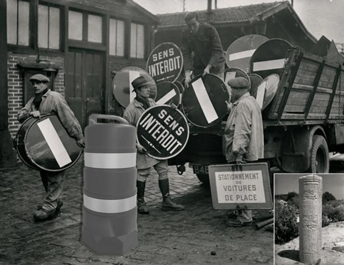 Montaje de un trafitambo gris sobre una foto antigua de obreros que descargan señales viales redondas de un camión