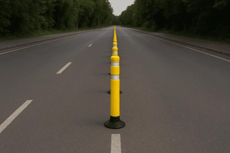 Fila de hitos viales amarillos con bandas reflejantes sobre la línea central de una carretera entre árboles