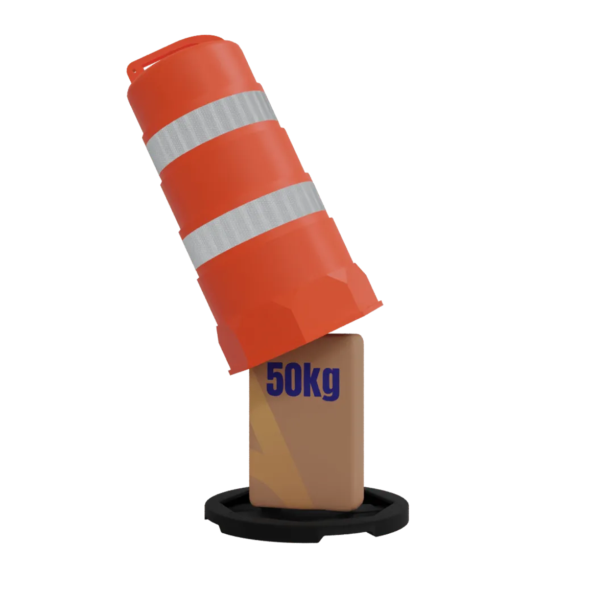 Render de un trafitambo naranja que se coloca sobre un costal de 50 kg apoyado en la base negra