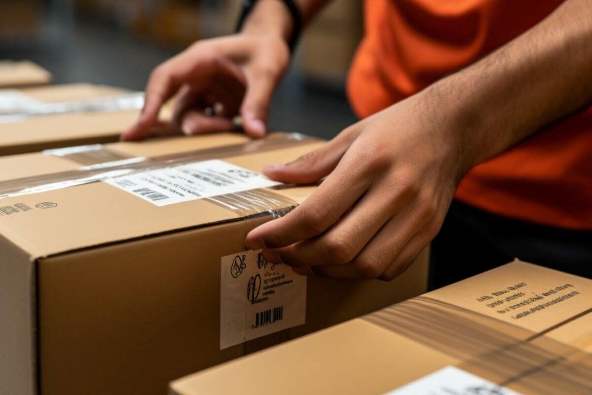 Persona con playera naranja pega etiquetas con código de barras en cajas de cartón selladas con cinta