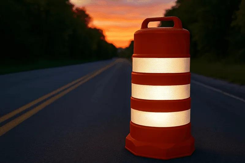 Trafitambo naranja con tres bandas reflejantes iluminadas sobre una carretera al atardecer