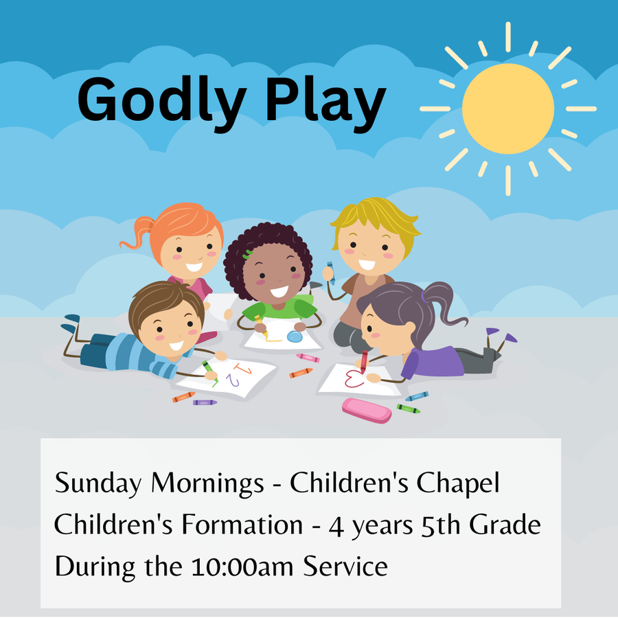 Cartoon images of kids coloring with the words Godly Play and St. Francis Episcopal Children's Sunday morning program offering times