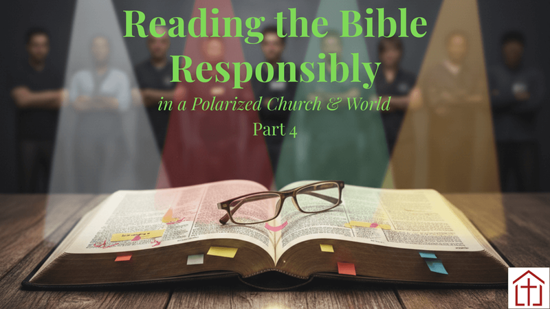 Bible on table with lights and people in background with Reading the Bible Responsibly Part 4 title for St Francis Episcopal Church blog