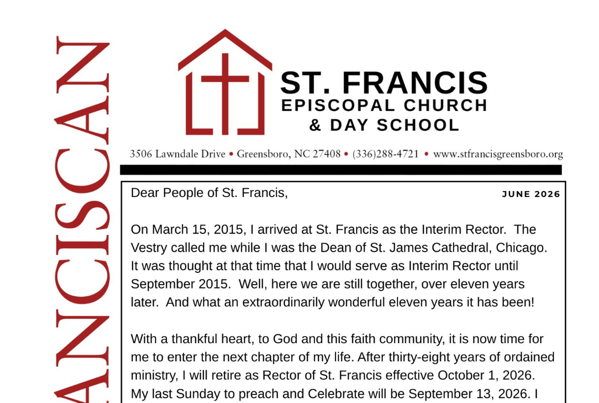 Image of front quarter page of the June 2026 St. Francis Franciscan Newsletter