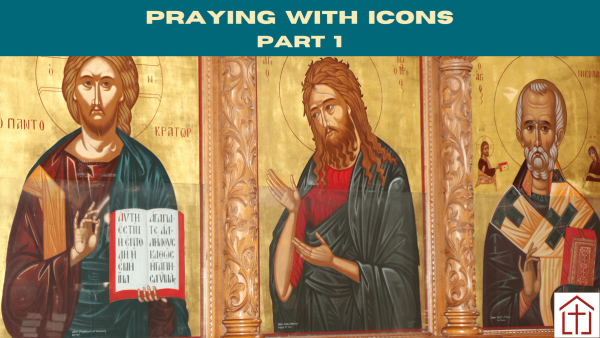 Image of Religious Icons with tablet for St. Francis Episcopal Church Adult Christian Education text reading Praying with Icons Part 1