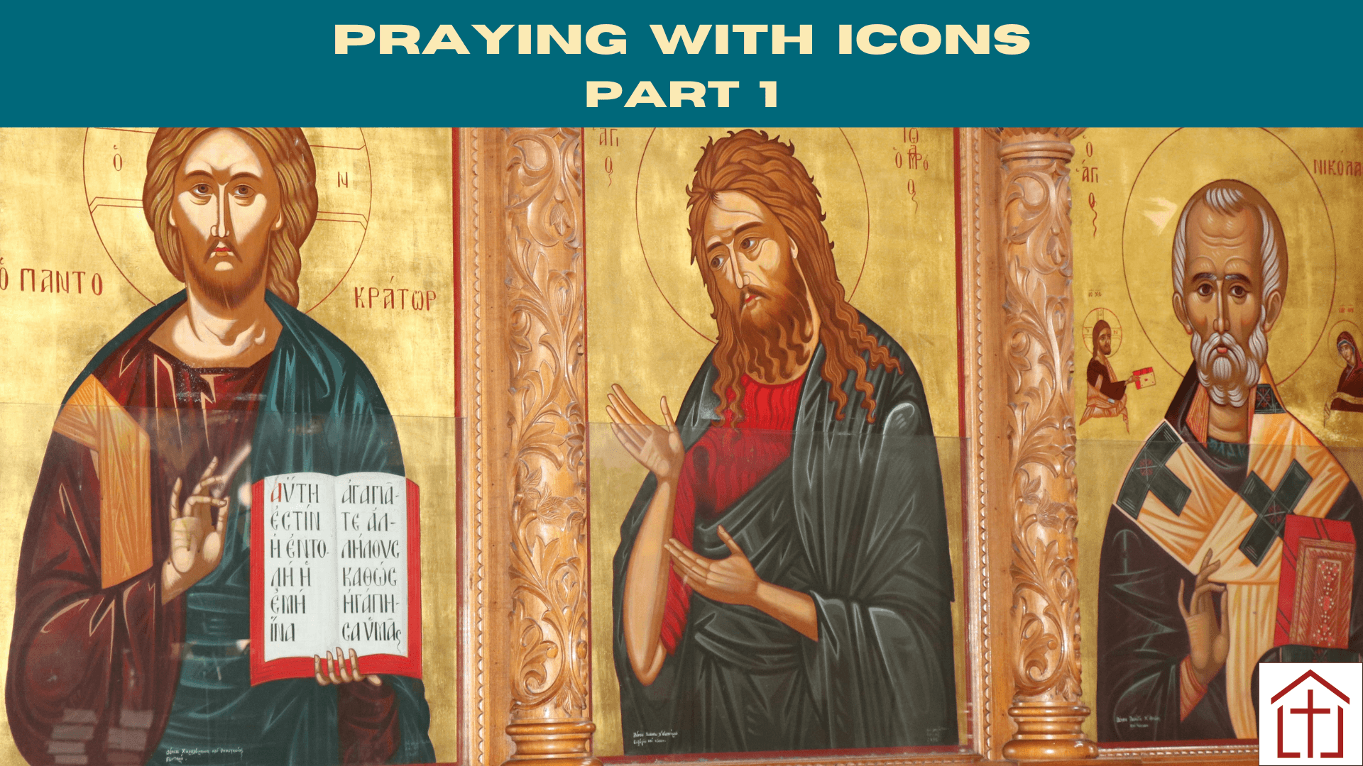 Image of Religious Icons with tablet for St. Francis Episcopal Church Adult Christian Education text reading Praying with Icons Part 1