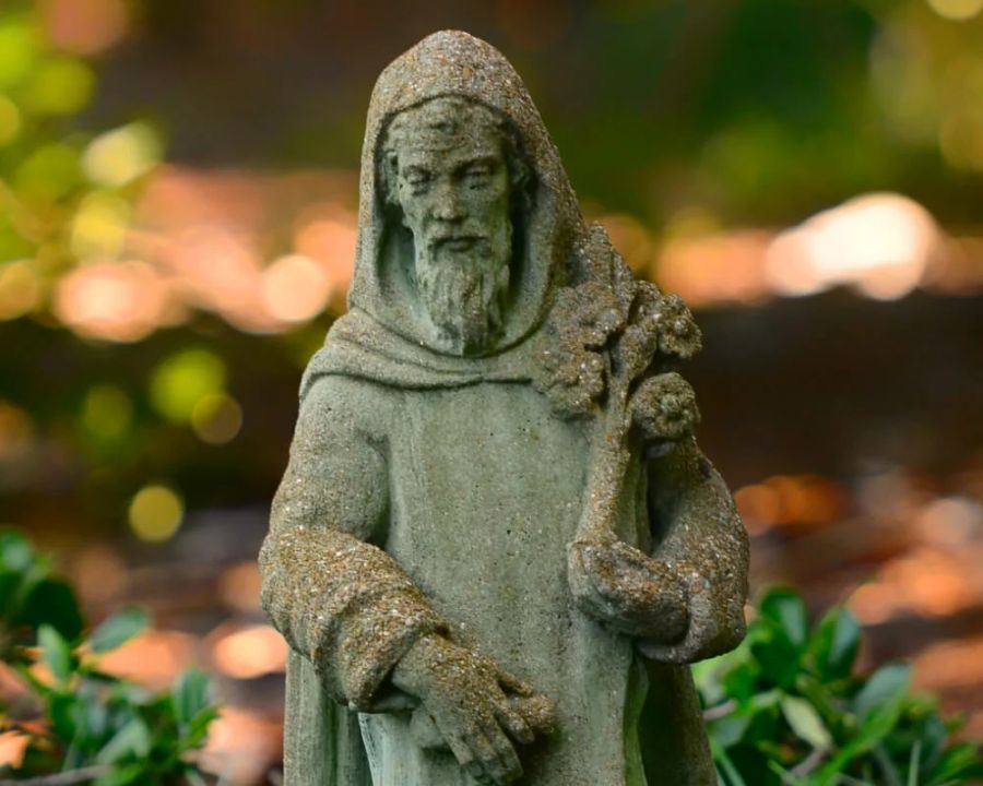 Stone statue of Saint Francis in a garden setting, depicted wearing a hooded robe and holding a staff, surrounded by greenery.