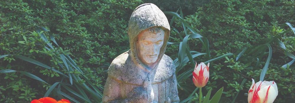 St. Francis statue by flowers