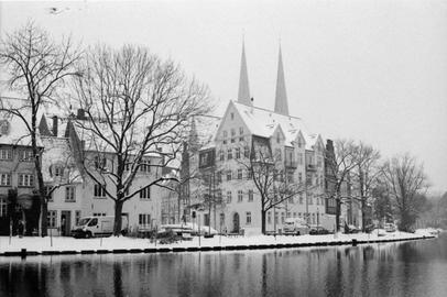 Snow-covered view of Lübeck at the Malerwinkel. Snow-covered view of Lübeck at the Malerwinkel.