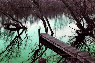 Wakenitz Kleiner Steg der in die Wakenitz führt. Bäume spiegeln sich im Wasser.