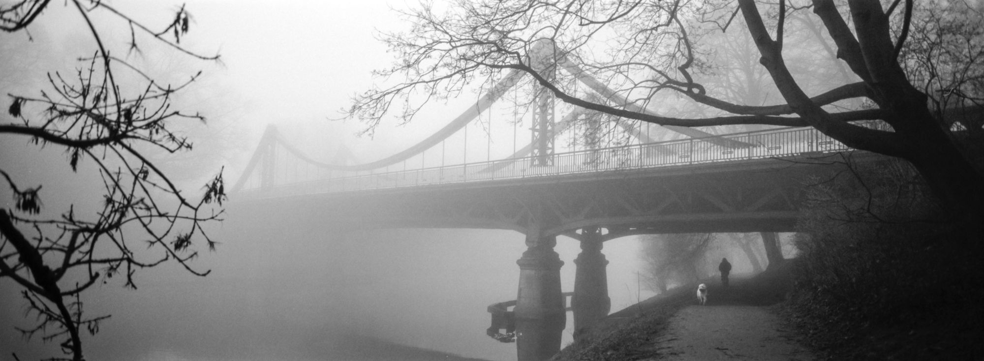 Neblige Szene mit einer Brücke über den Fluss.
