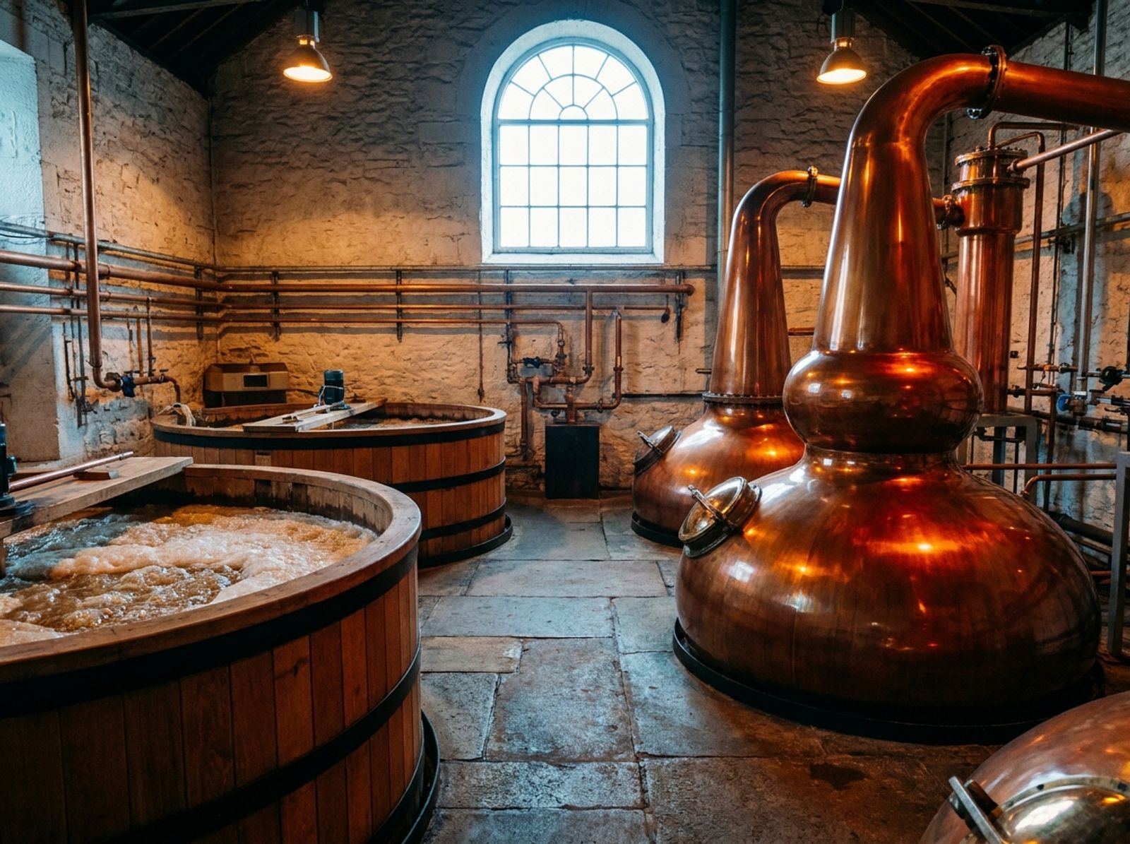 Copper pot still and wooden washbacks fermenting at a distillery