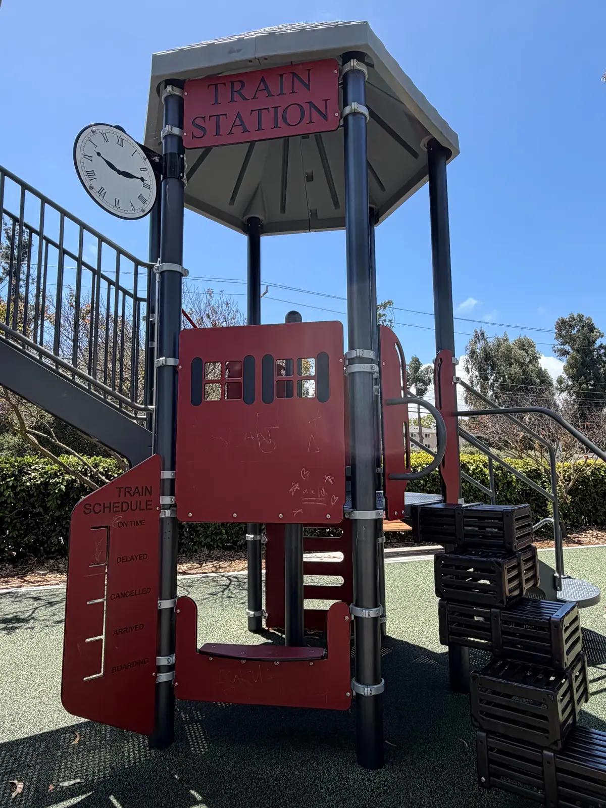 Train station with imaginative train schedule