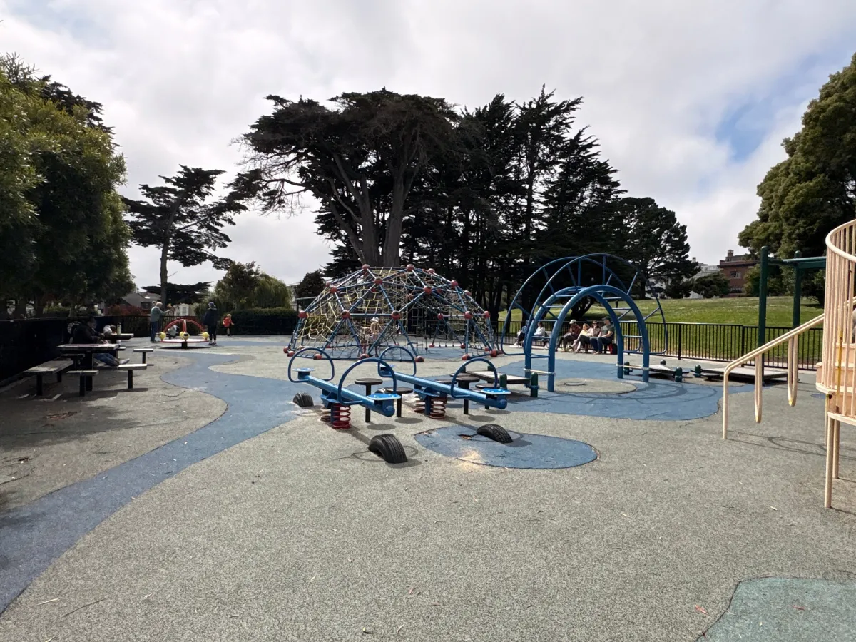 Various teeter totters and a large net gym