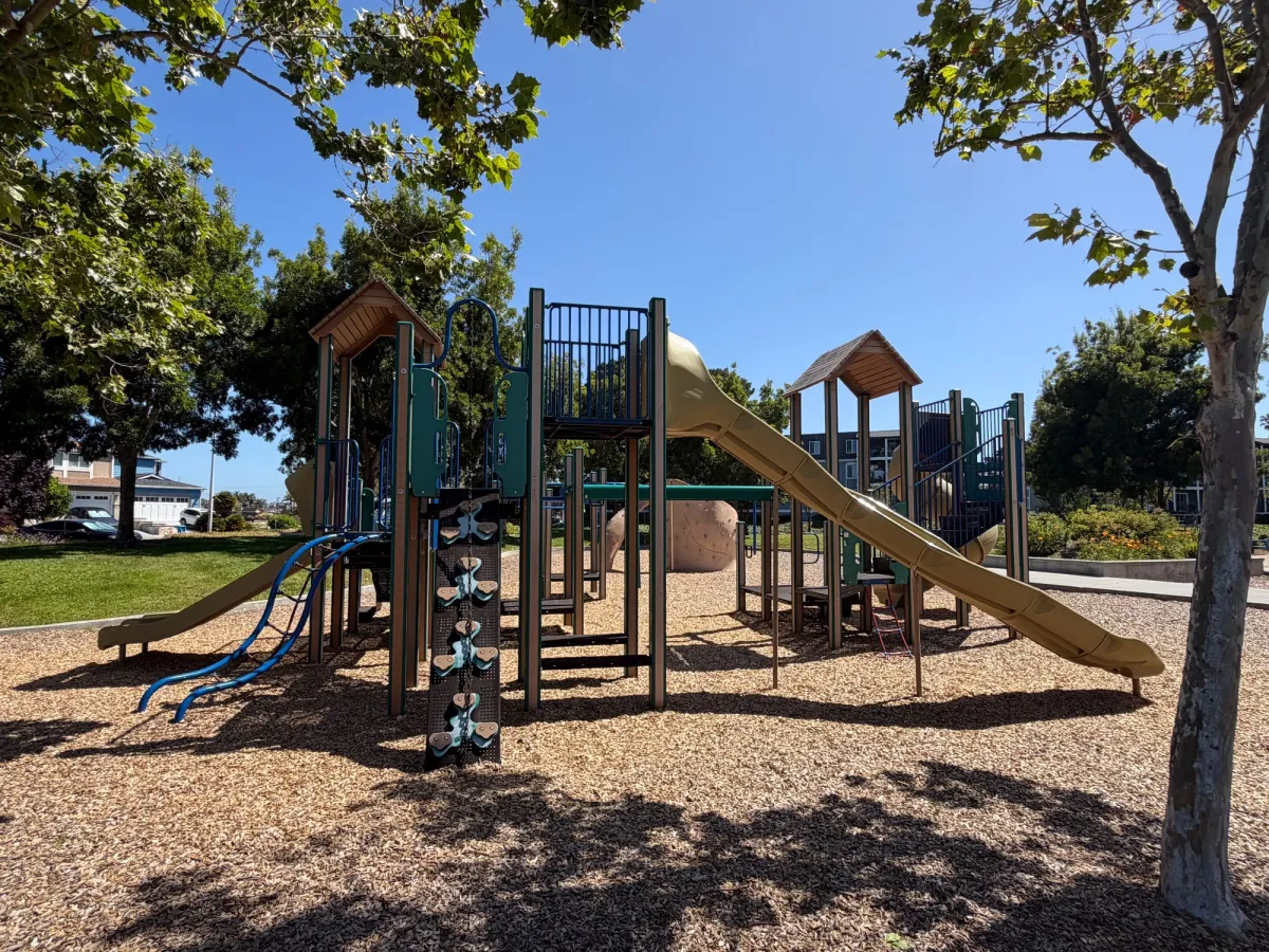 Big kid play structure has 3 slides and climbers