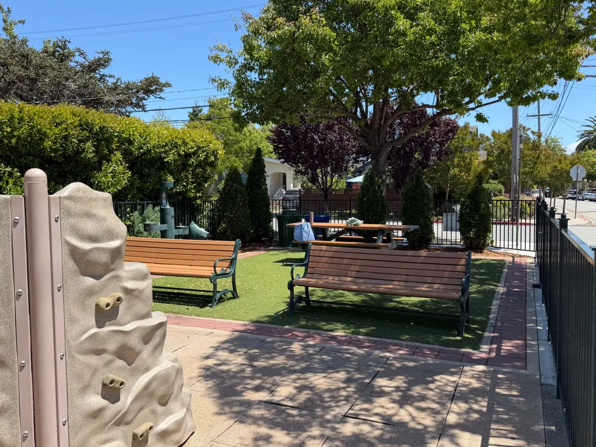 Limited bench seating and single picnic table by park