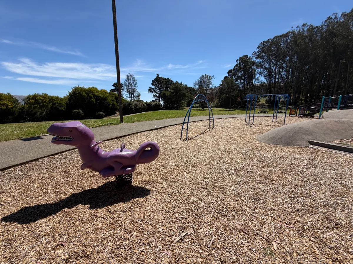 Dinosaur ride on toy and a variety of climbing structures