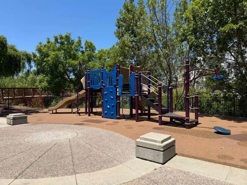 Big kid play gym includes rock wall, 2 slides, and an overhead spinner