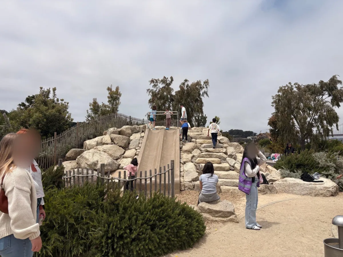 Concrete slides of medium height. Boulders to climb on