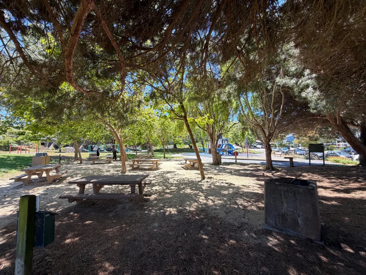 Picnic table cluster within easy view of the playground