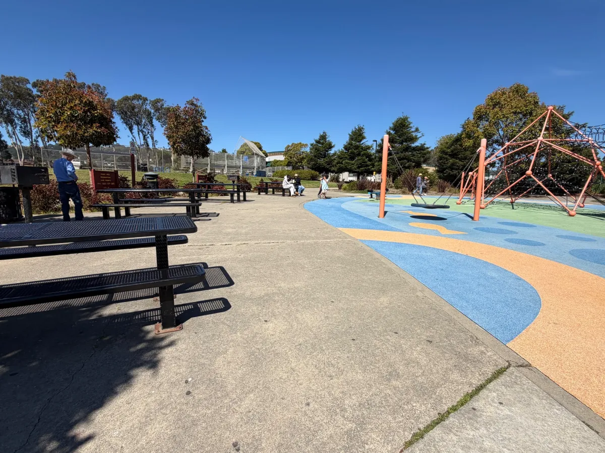 Cluster of picnic tables directly in front of playground