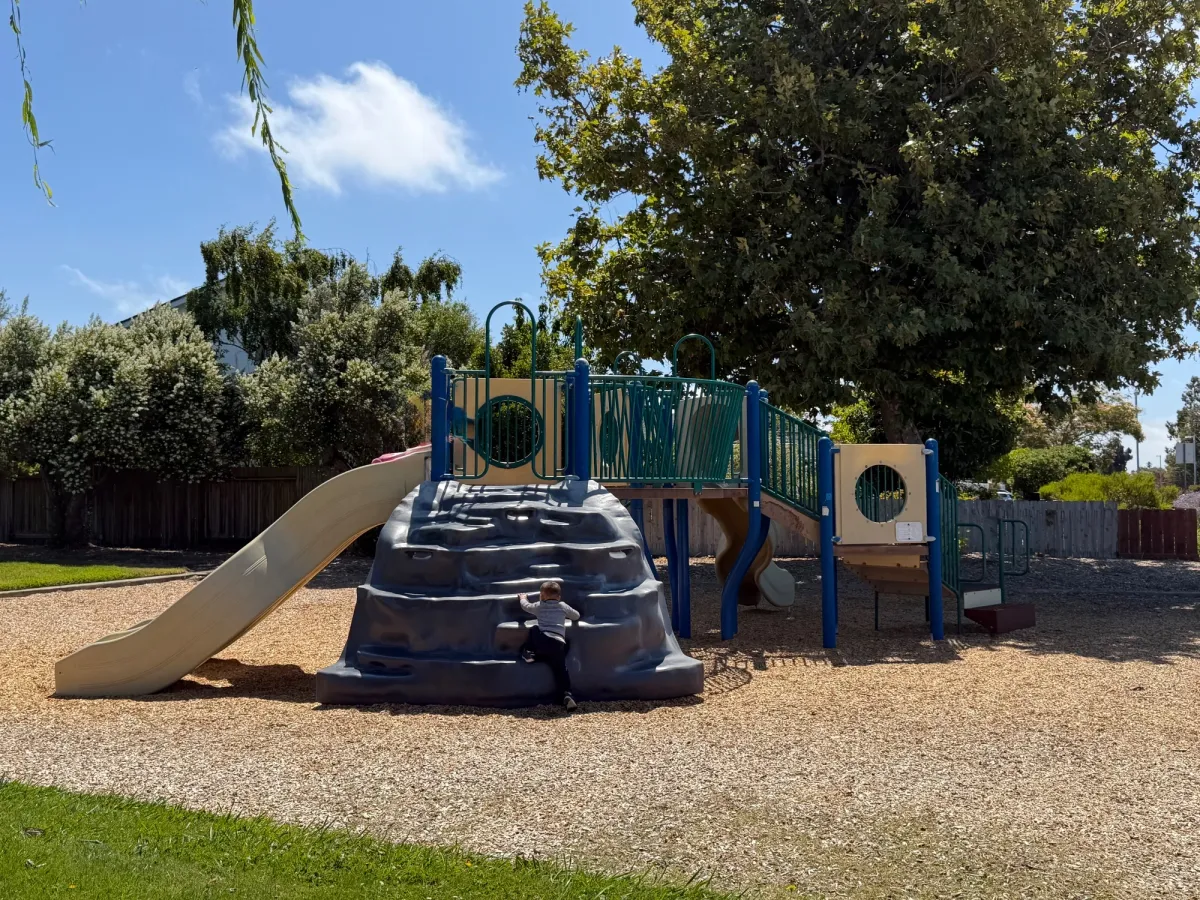 Big kid play structure with rock wall to get to slides