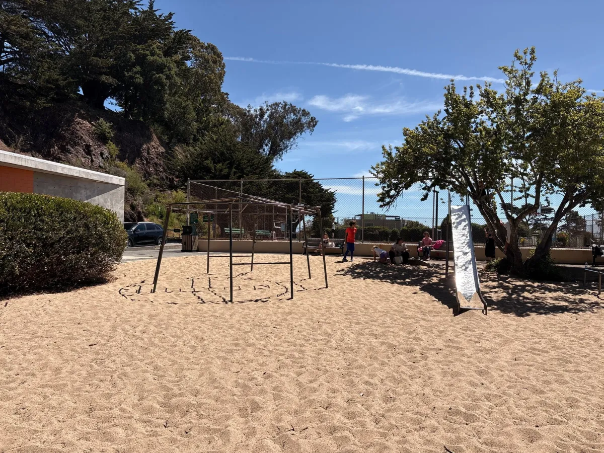 A tall slide and a bare bones monkey bar structure