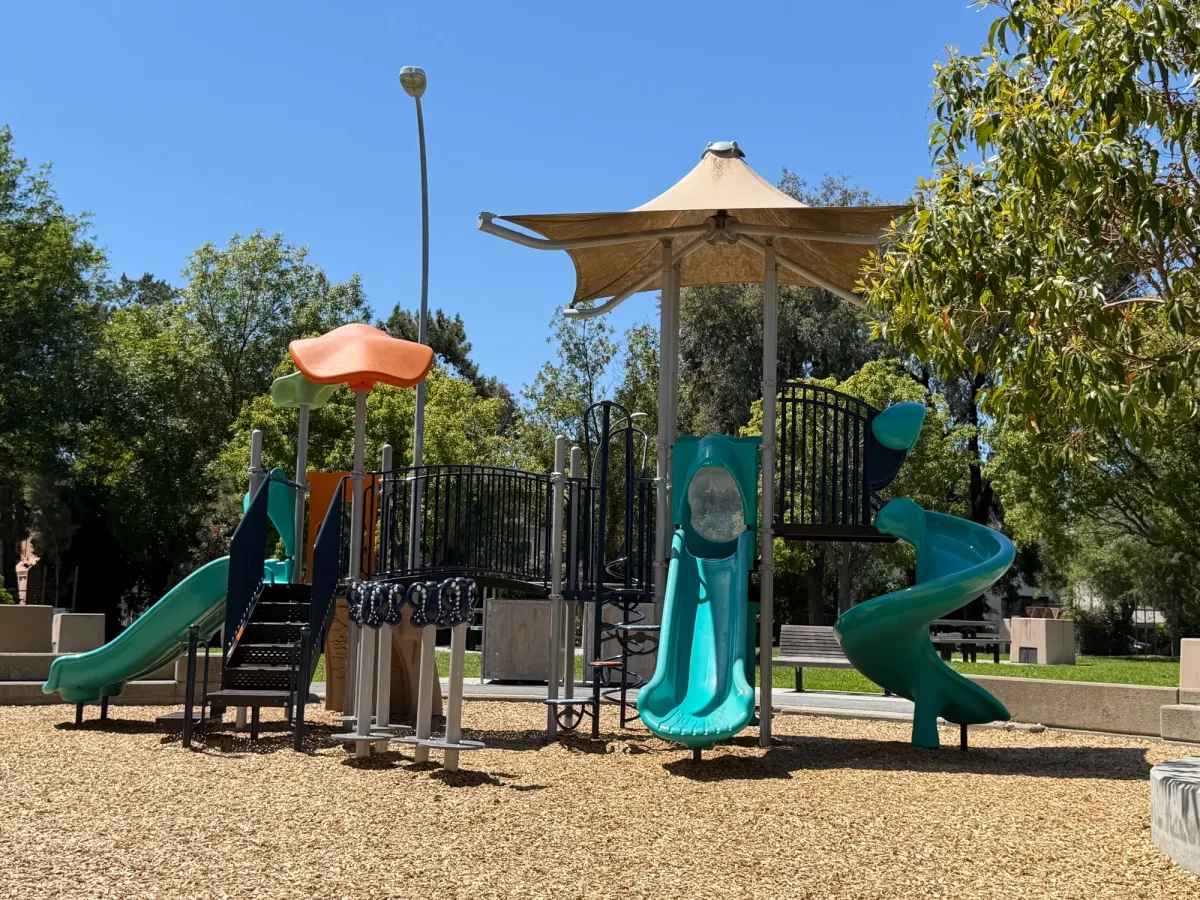 Toddler playground with 3 slides and bridge