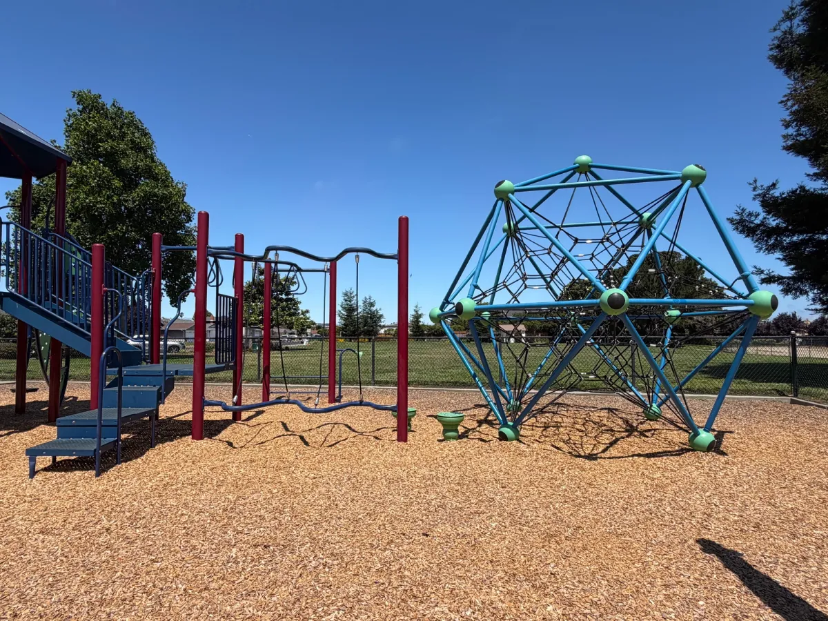 Large climbing structure, balance beam, and monkey bars