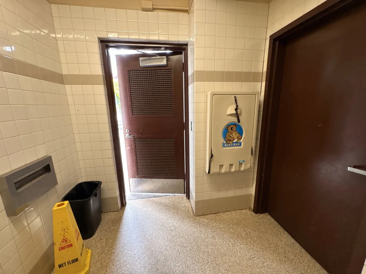 The bathroom is neat and has a changing table