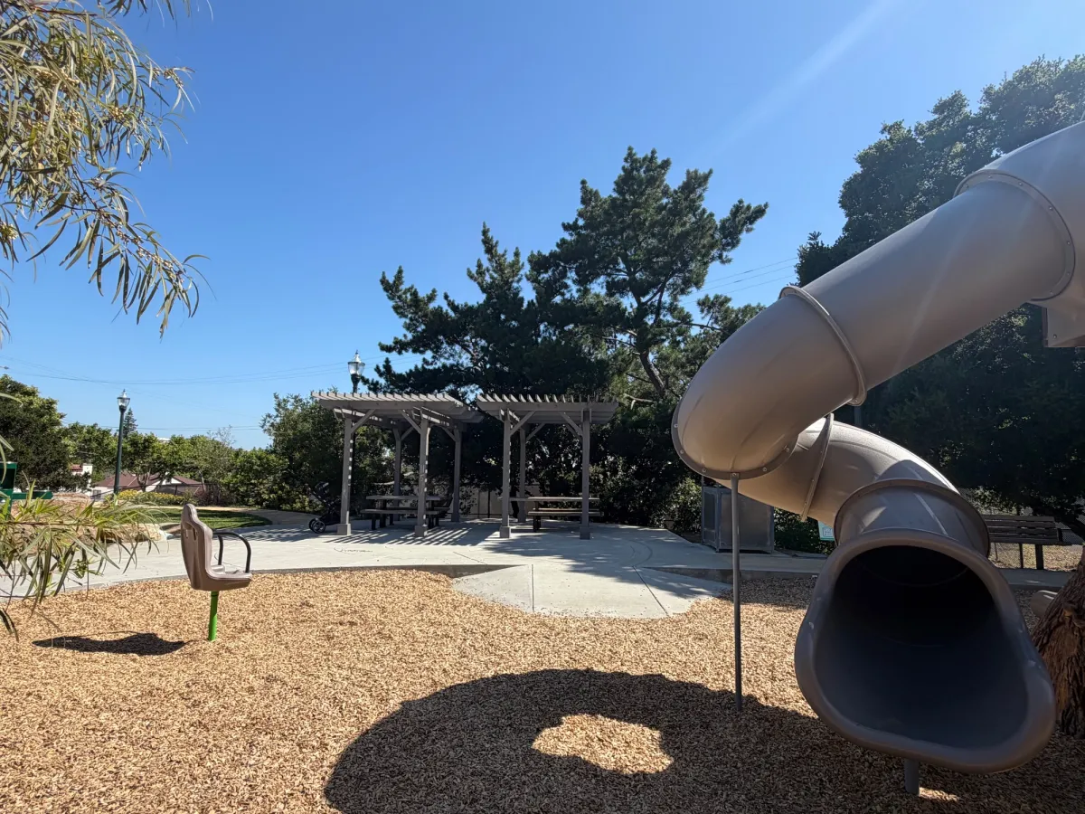 Picnic tables directly in front of playground