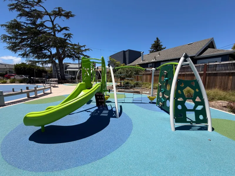 Slide, rock wall, and rope ladders