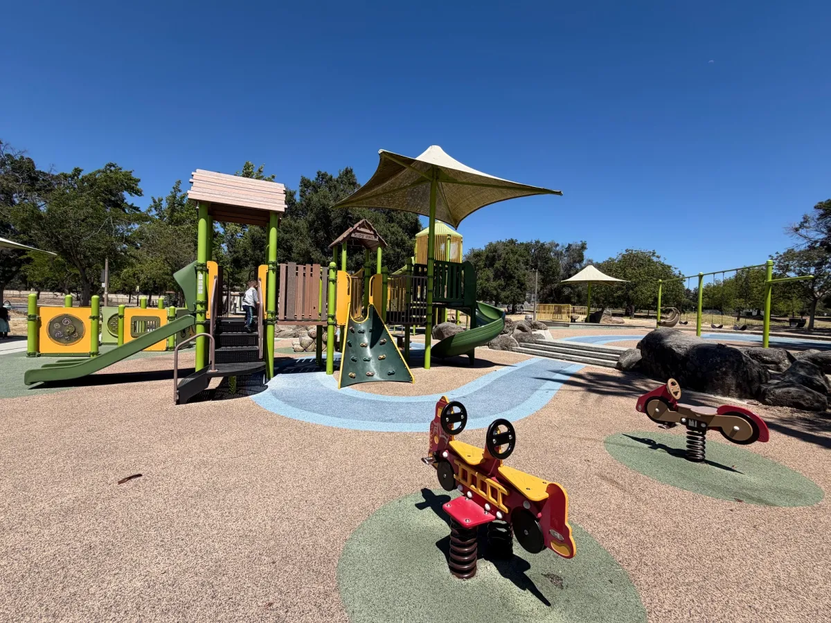 Toddler play area with slides, climbing wall, and ride on car toys