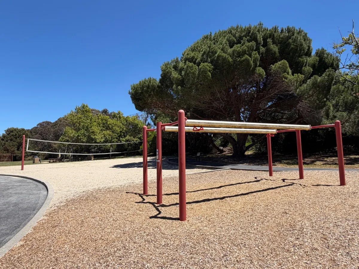 Zip lines and volleyball court in back