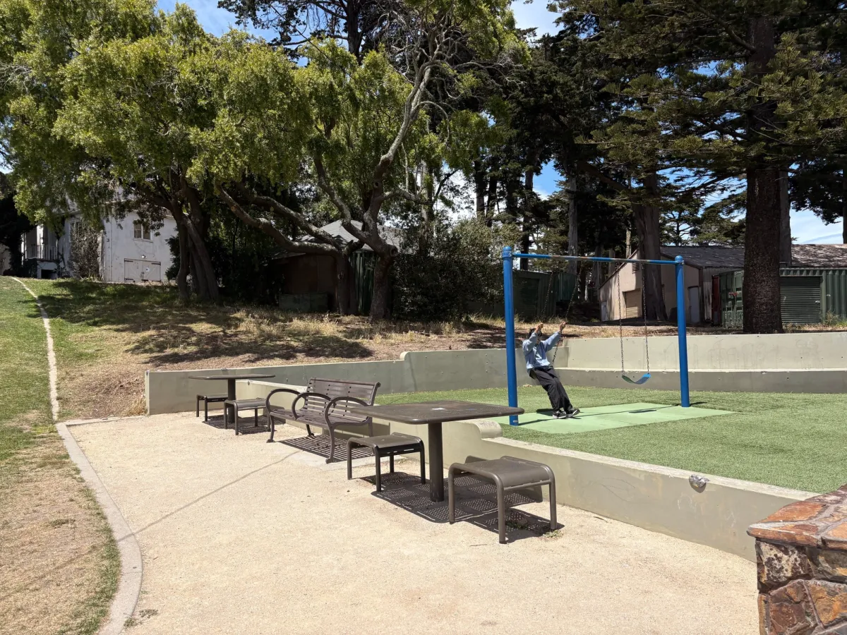 Tallest area has the swings and a bunch of seating for some vitamin D