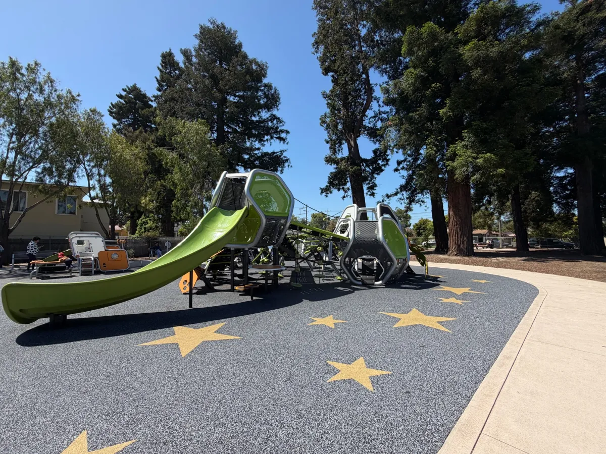 Futuristic play structure with lots of slides and bridges