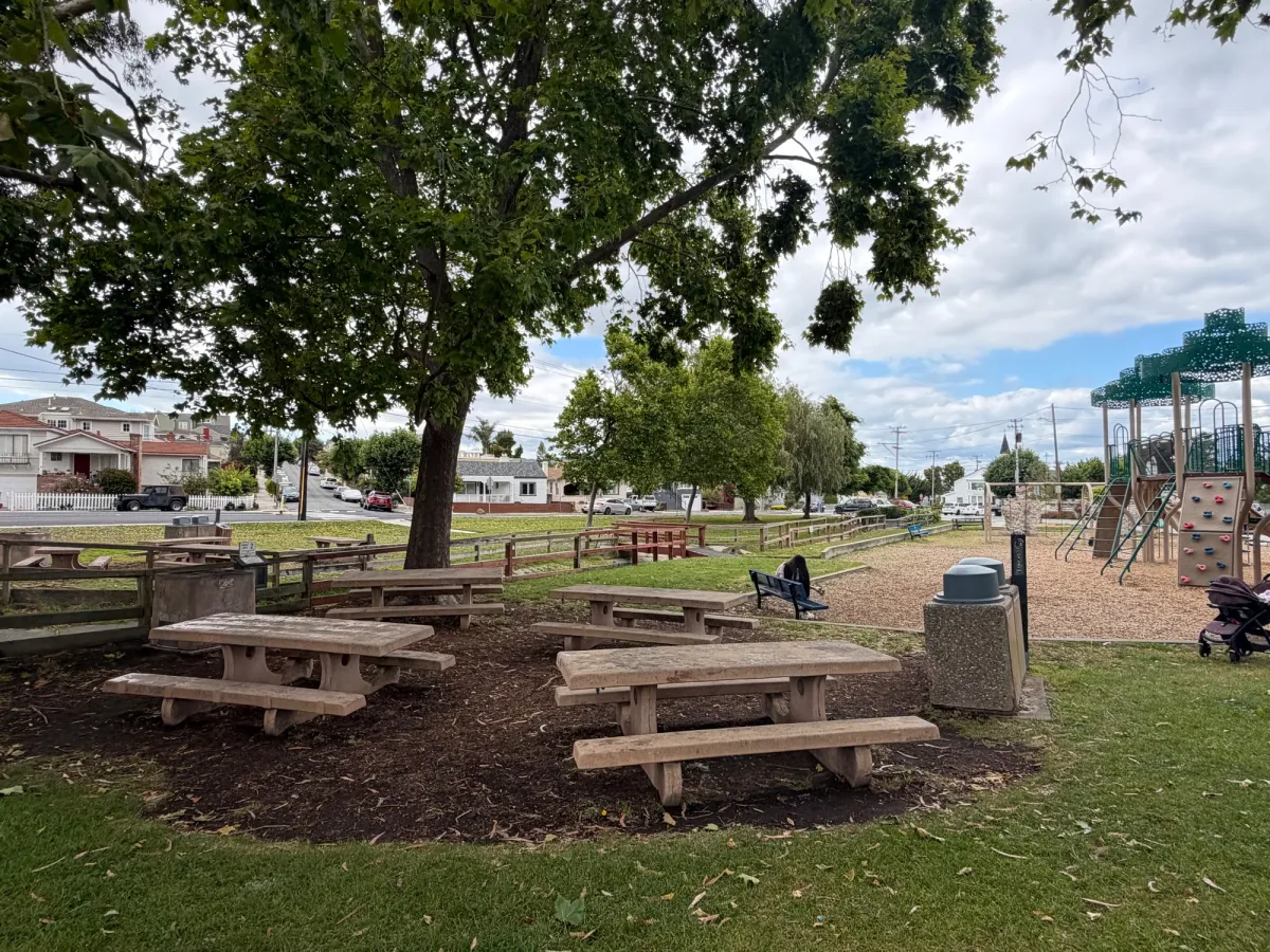 Several picnic tables near playground perfect for parties