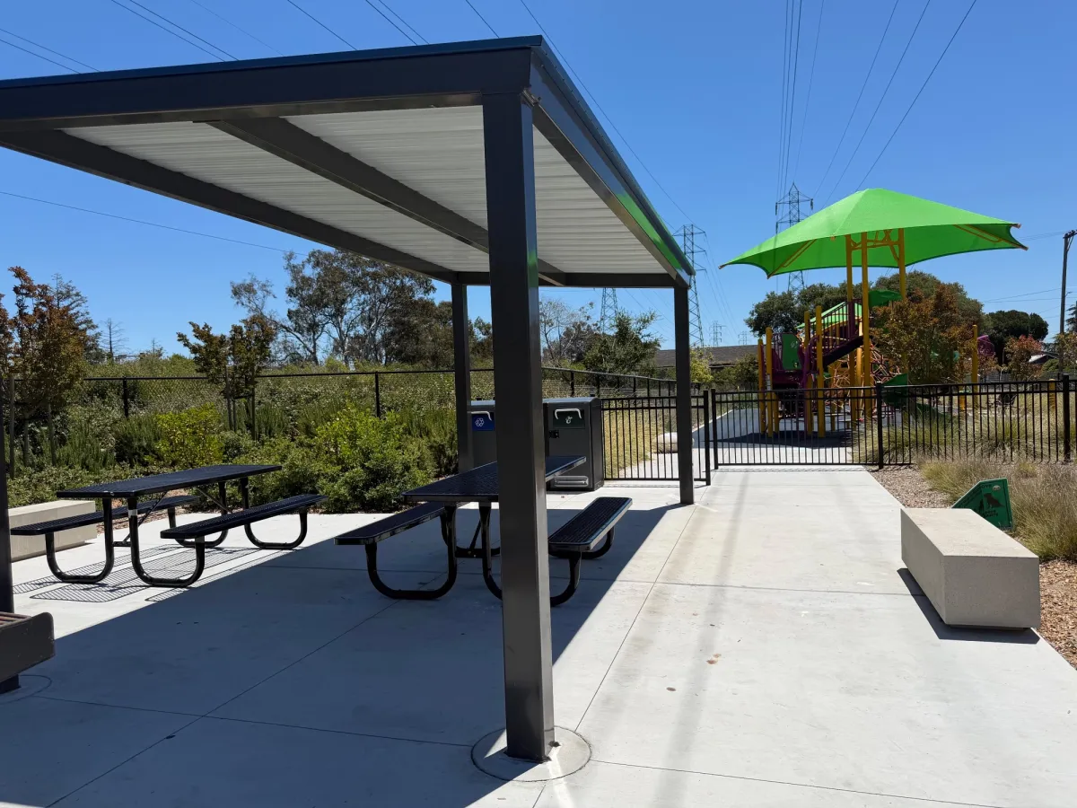 Shaded picnic tables right next to playground