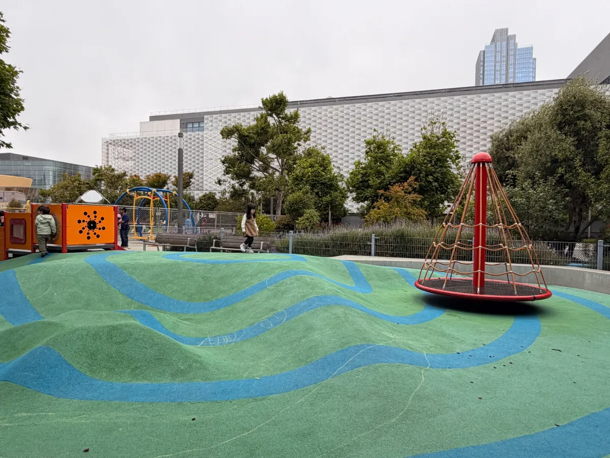 Toddler zone is fenced and has a playful wavy surface