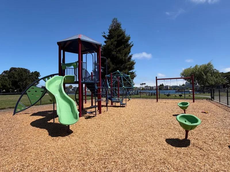 Big kid slides, climbing structure, spinners, and 2 toddler swings