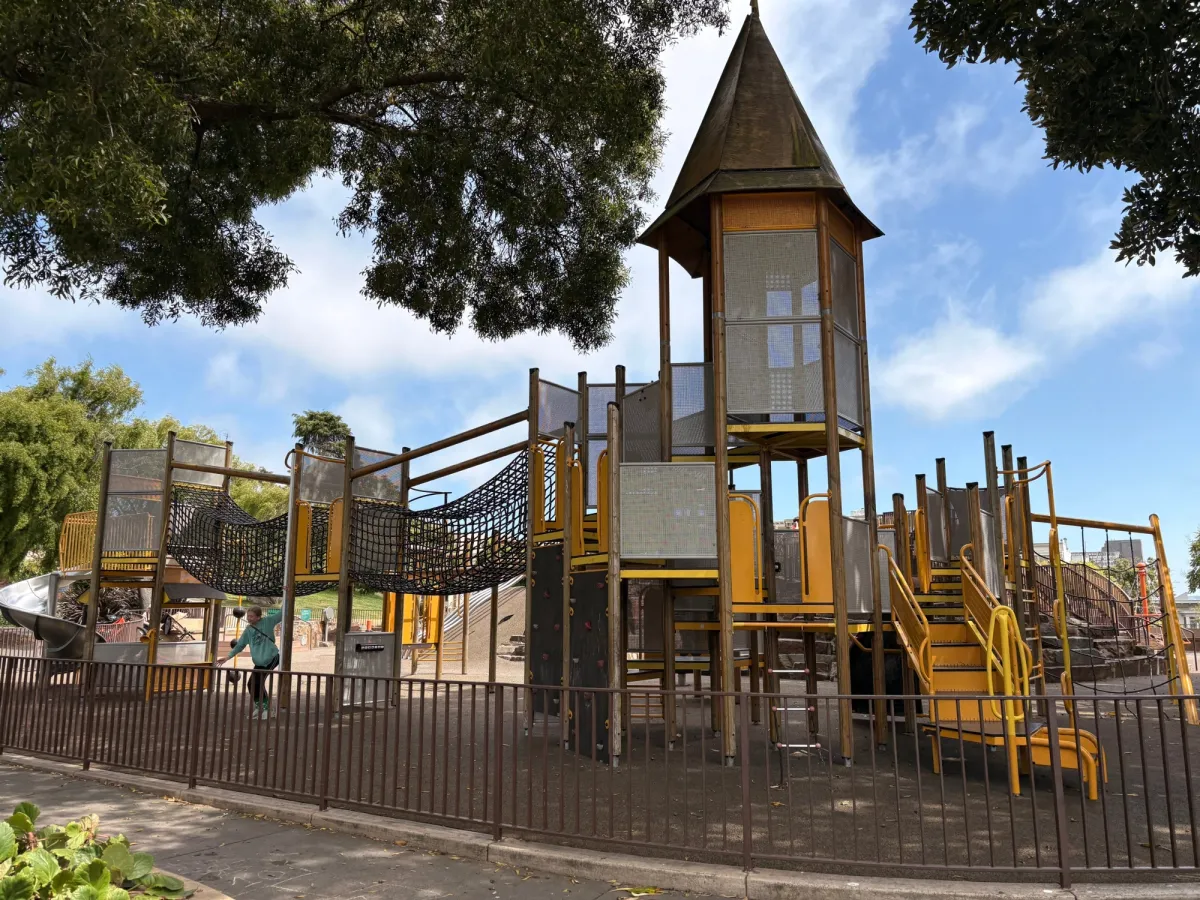 Bigger kid structure is tree fort themed with net bridges