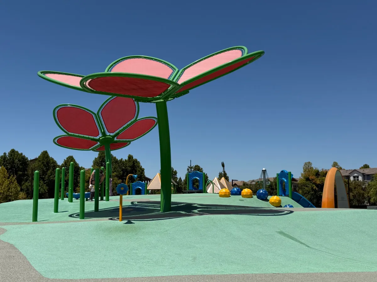 Flower shaped shade structures over toddler play ground