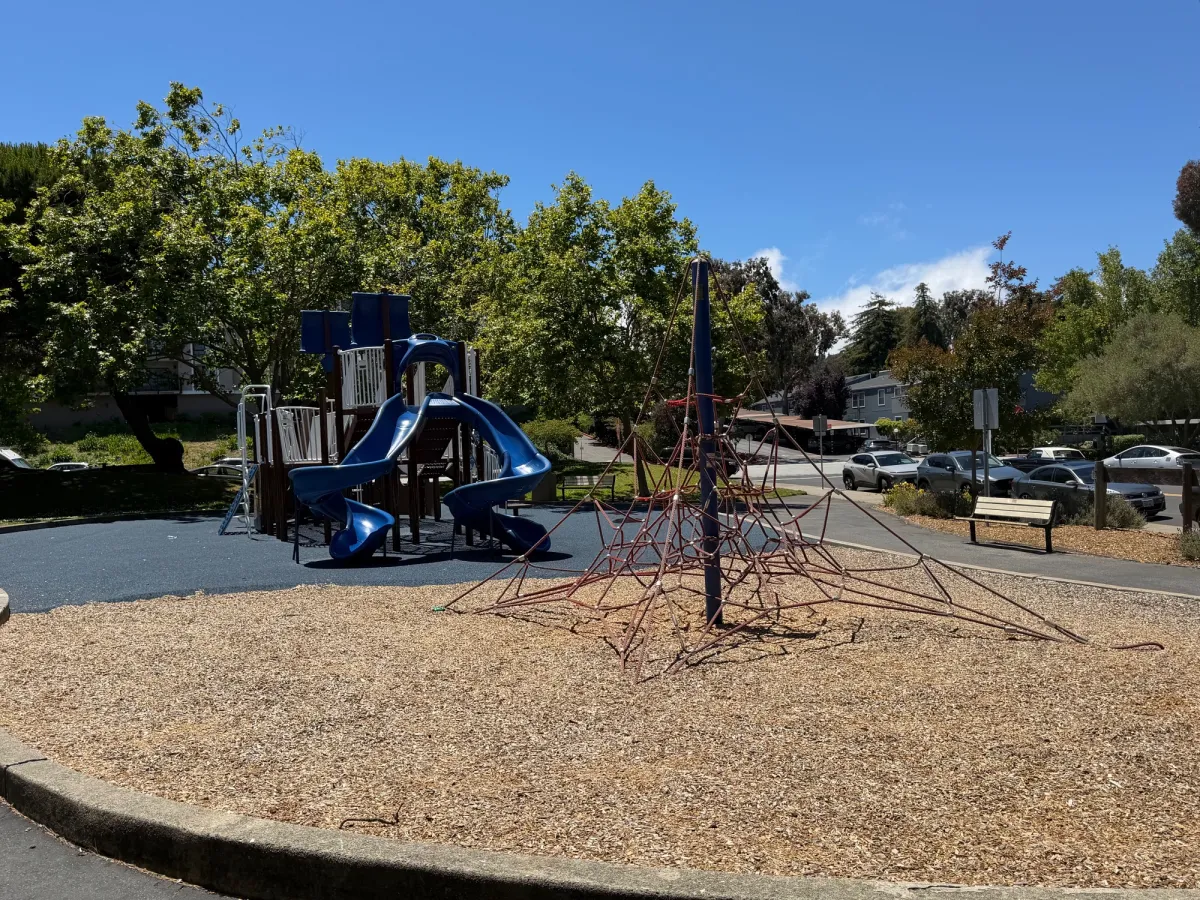 Climbing structure in front of slides