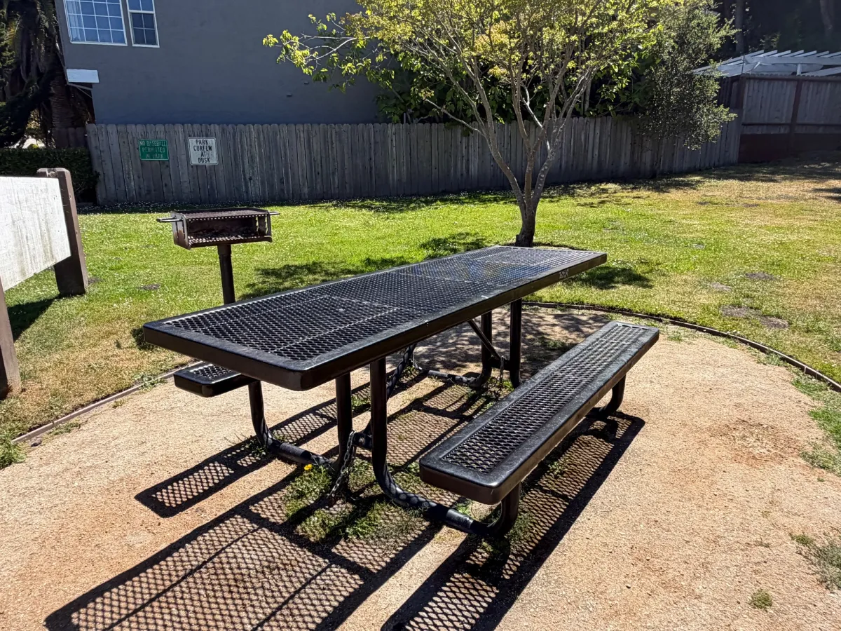 Picnic tables have bbq grills