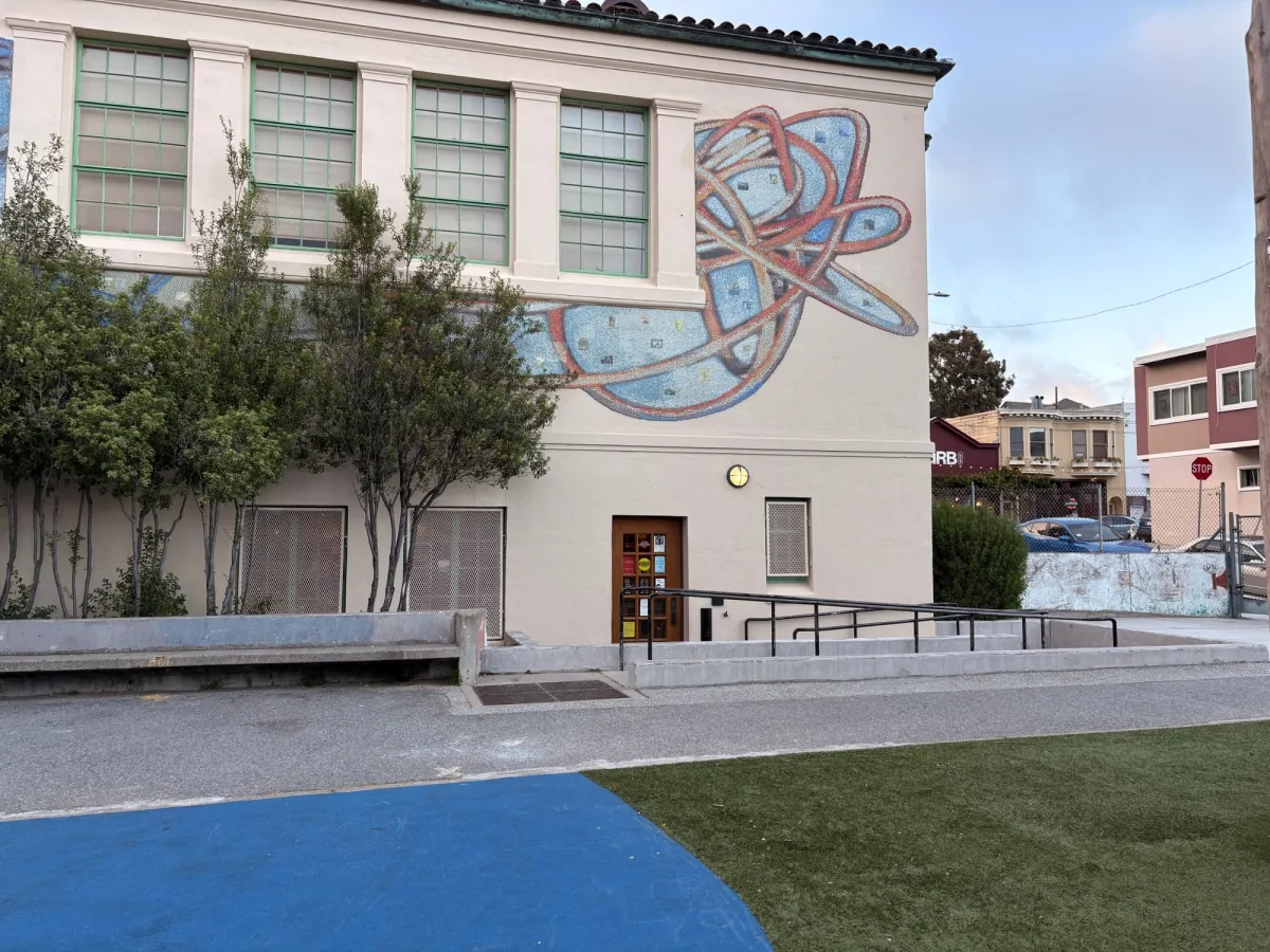 The library entrance, with clean bathrooms and a popular story time